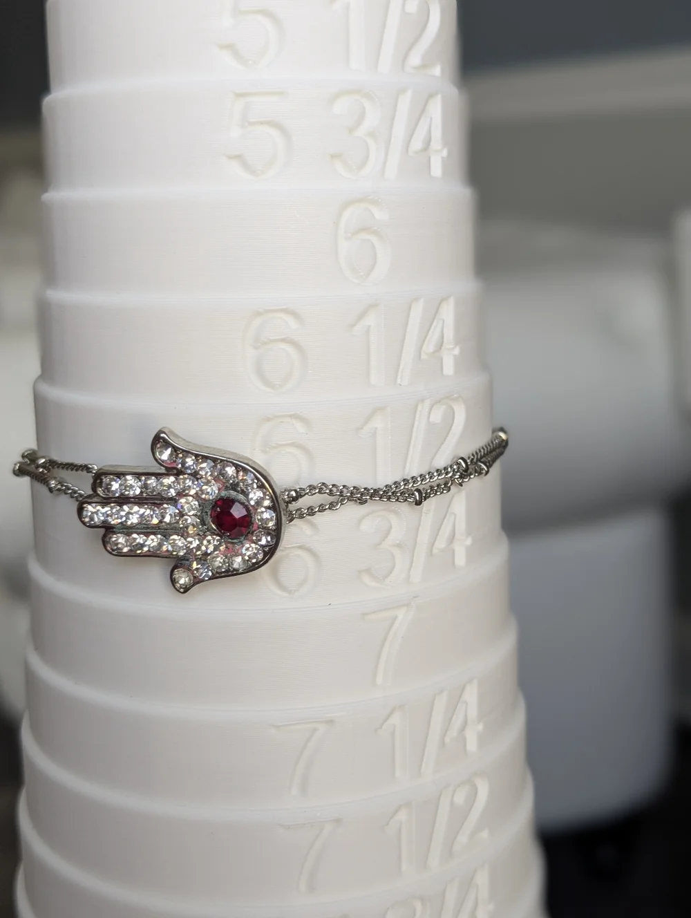 Crystal Hamsa Hand Bracelet w/ Red Center Stone – Adjustable Silver Tone Chain